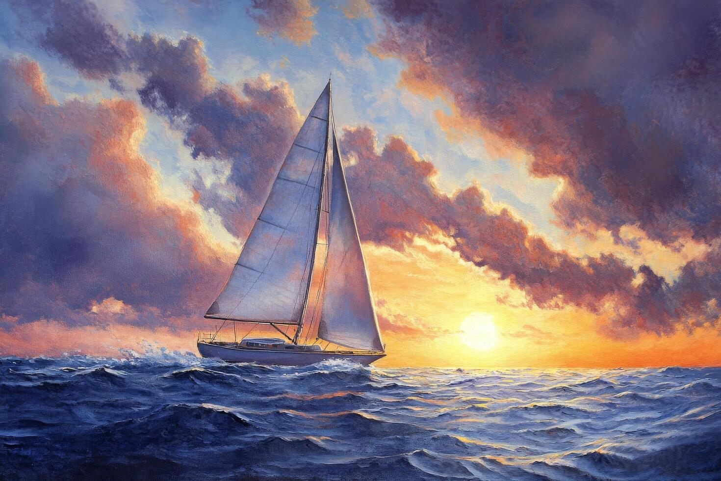 A painting of a sailboat sailing in the ocean at sunset photo