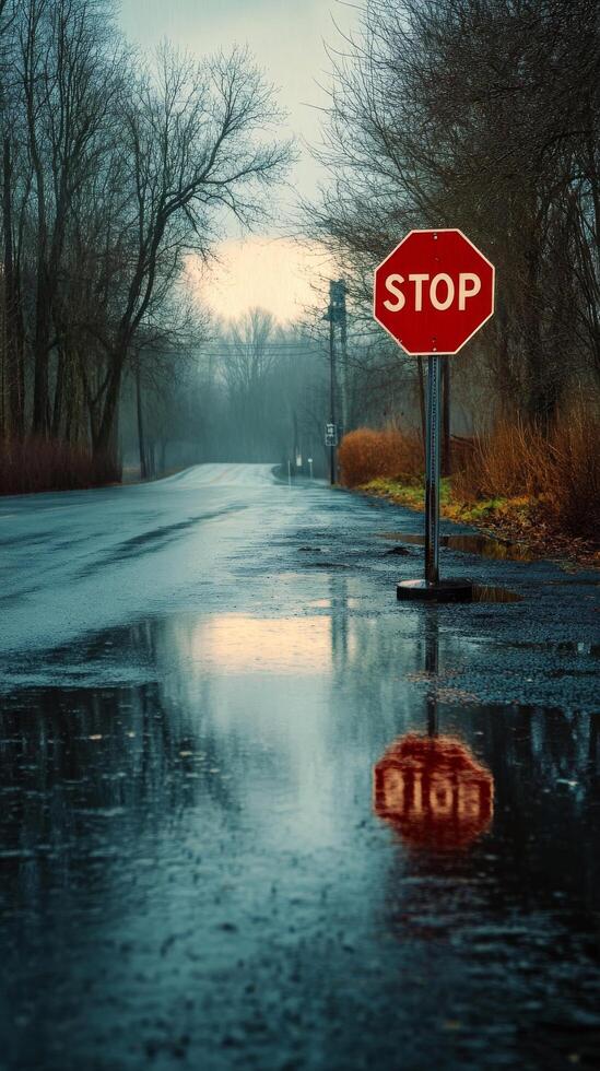 A stop sign is reflected in the water on a wet road photo
