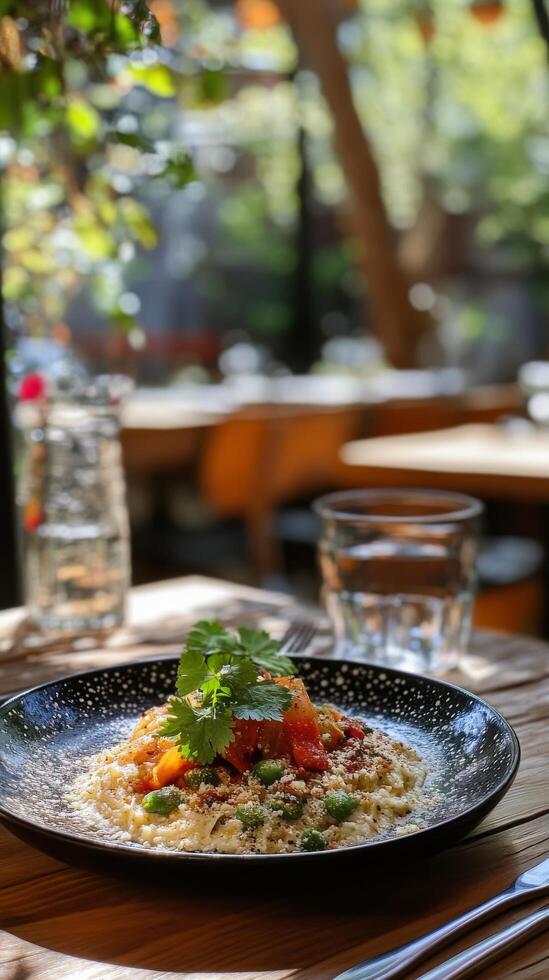 A plate of food on a table in an outdoor restaurant photo