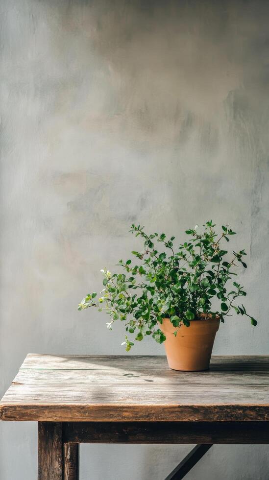 A potted plant on a wooden table in front of a grey wall photo