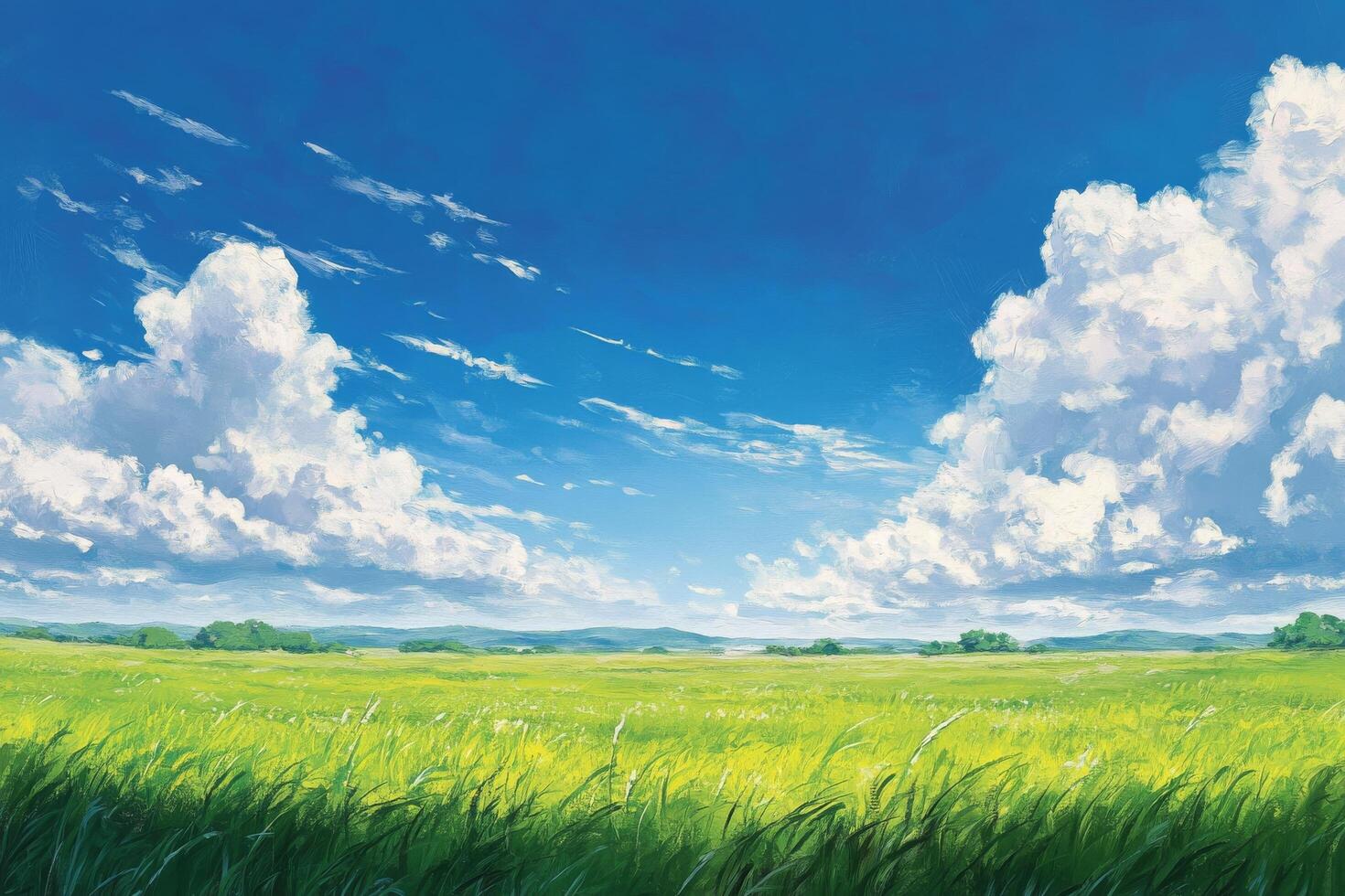 Anime landscape with clouds and grass photo