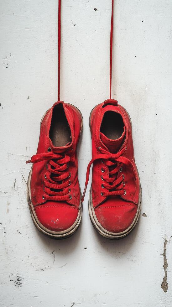A pair of red sneakers hanging from a wall photo