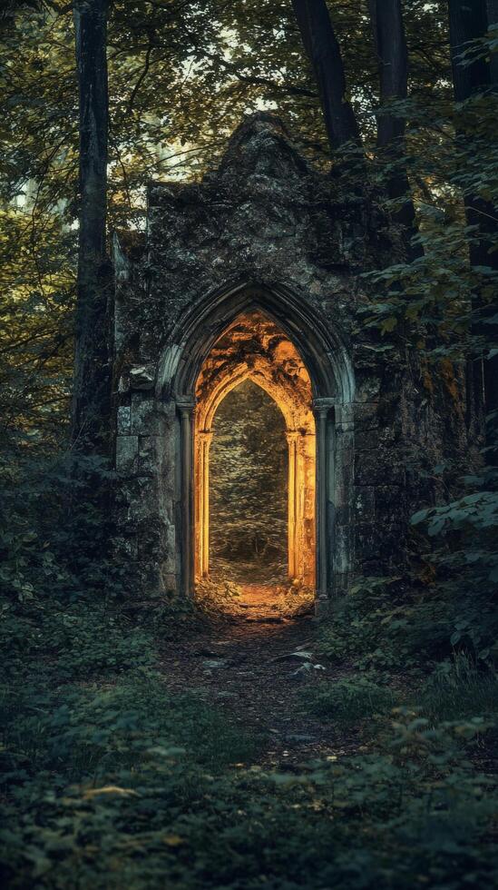 The entrance to an old stone building in the woods photo