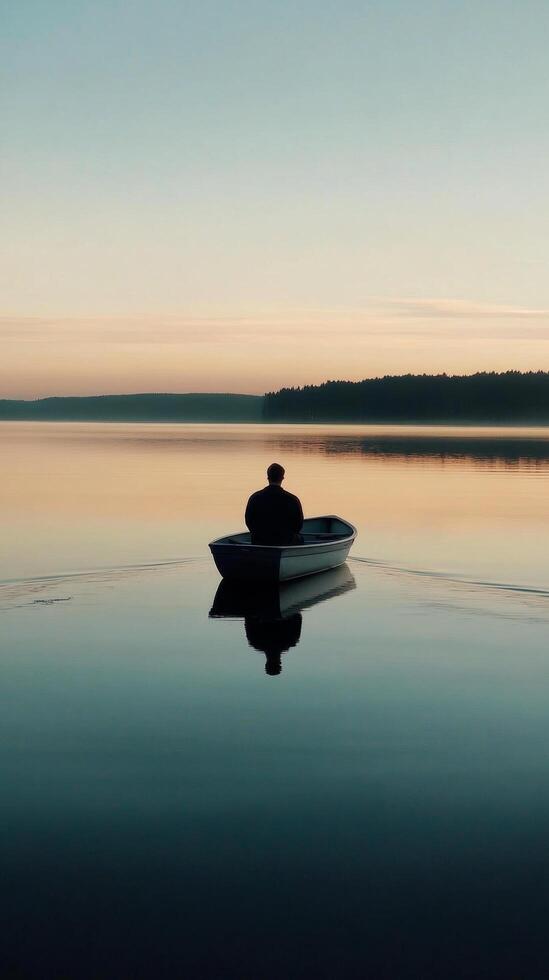 A man is sitting in a boat on a lake photo
