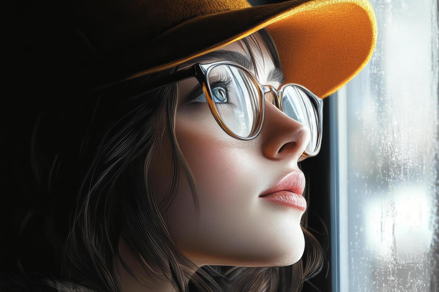 A girl wearing glasses and a hat looking out the window photo
