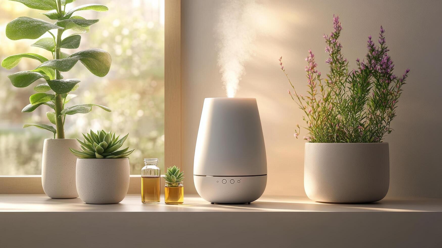 A white diffuser with plants in front of a window photo