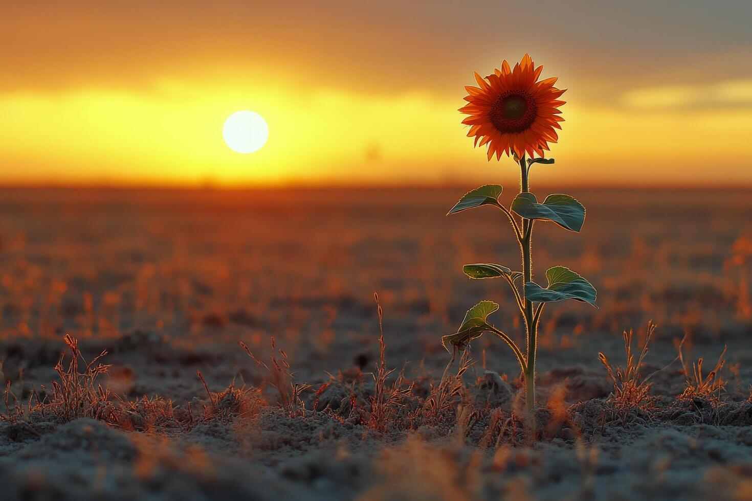 A single sunflower stands in the middle of a field photo