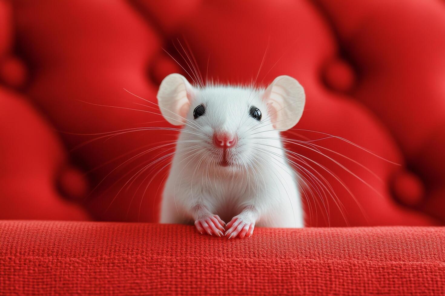 A white mouse sitting on a red couch photo