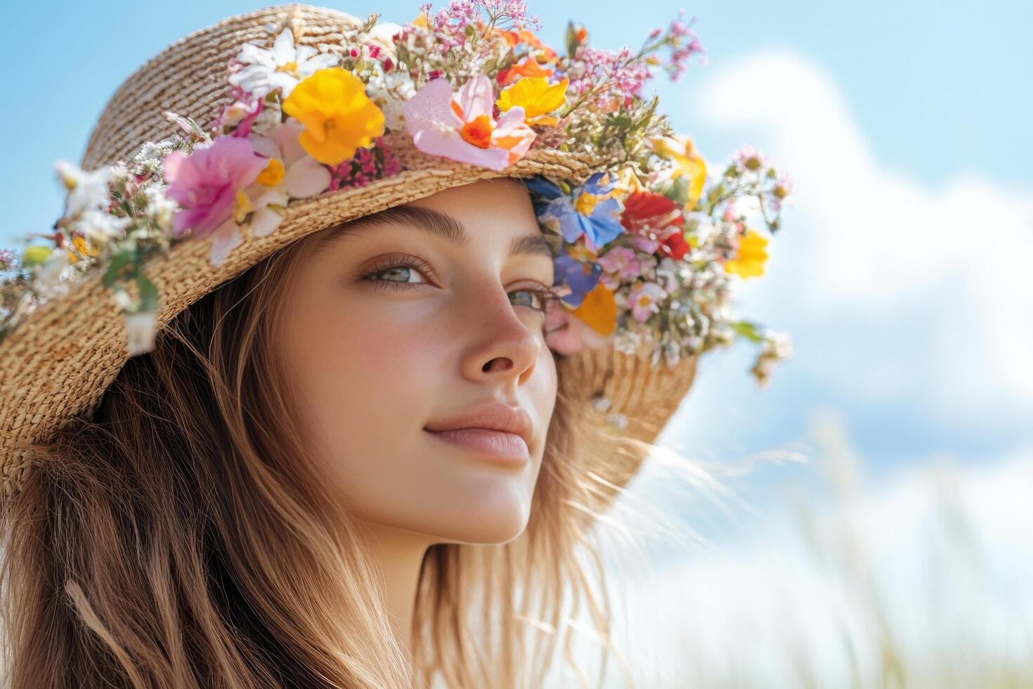 Beautiful young woman with flowers in her hat photo