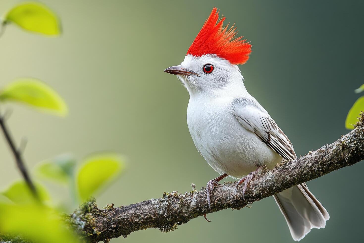 A white bird with red feathers sitting on a tree branch photo