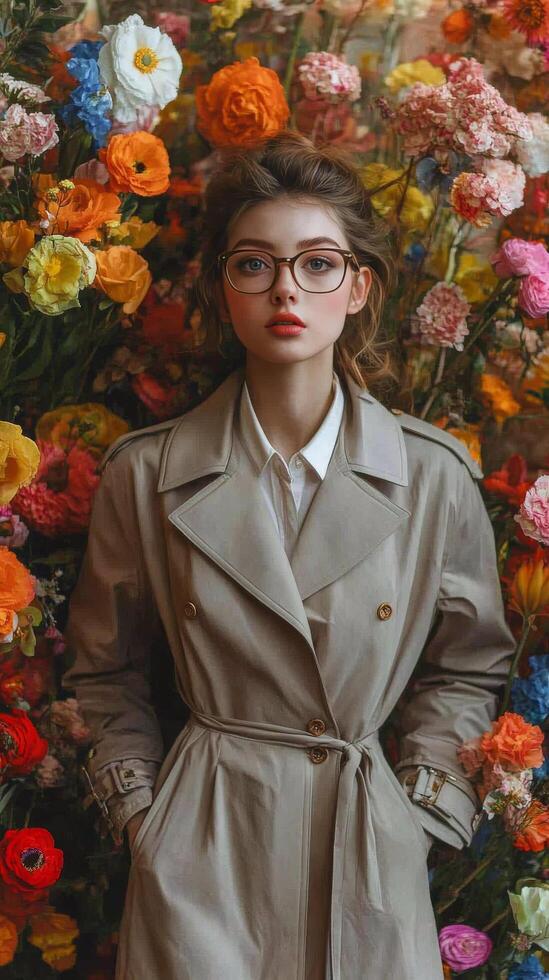 A woman wearing glasses and a trench coat surrounded by flowers photo
