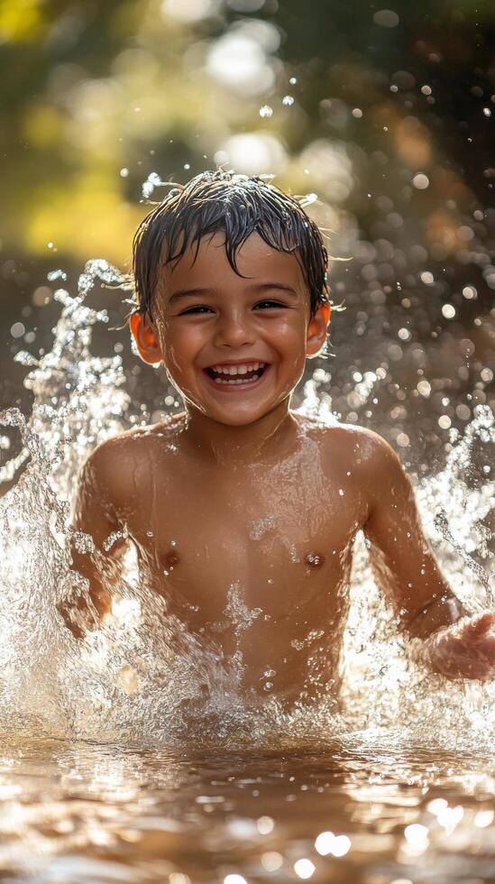 A young boy is splashing in the water photo