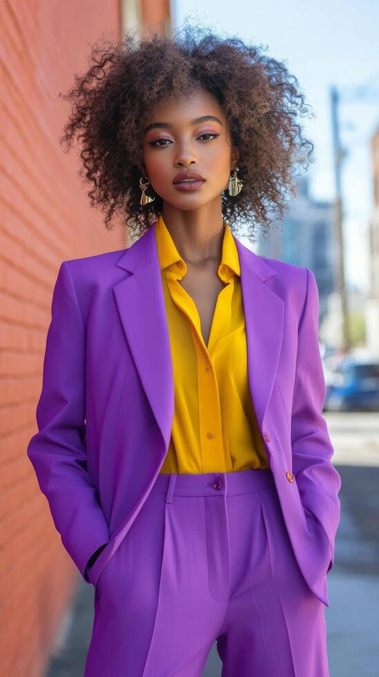 A woman in purple suit and yellow shirt photo