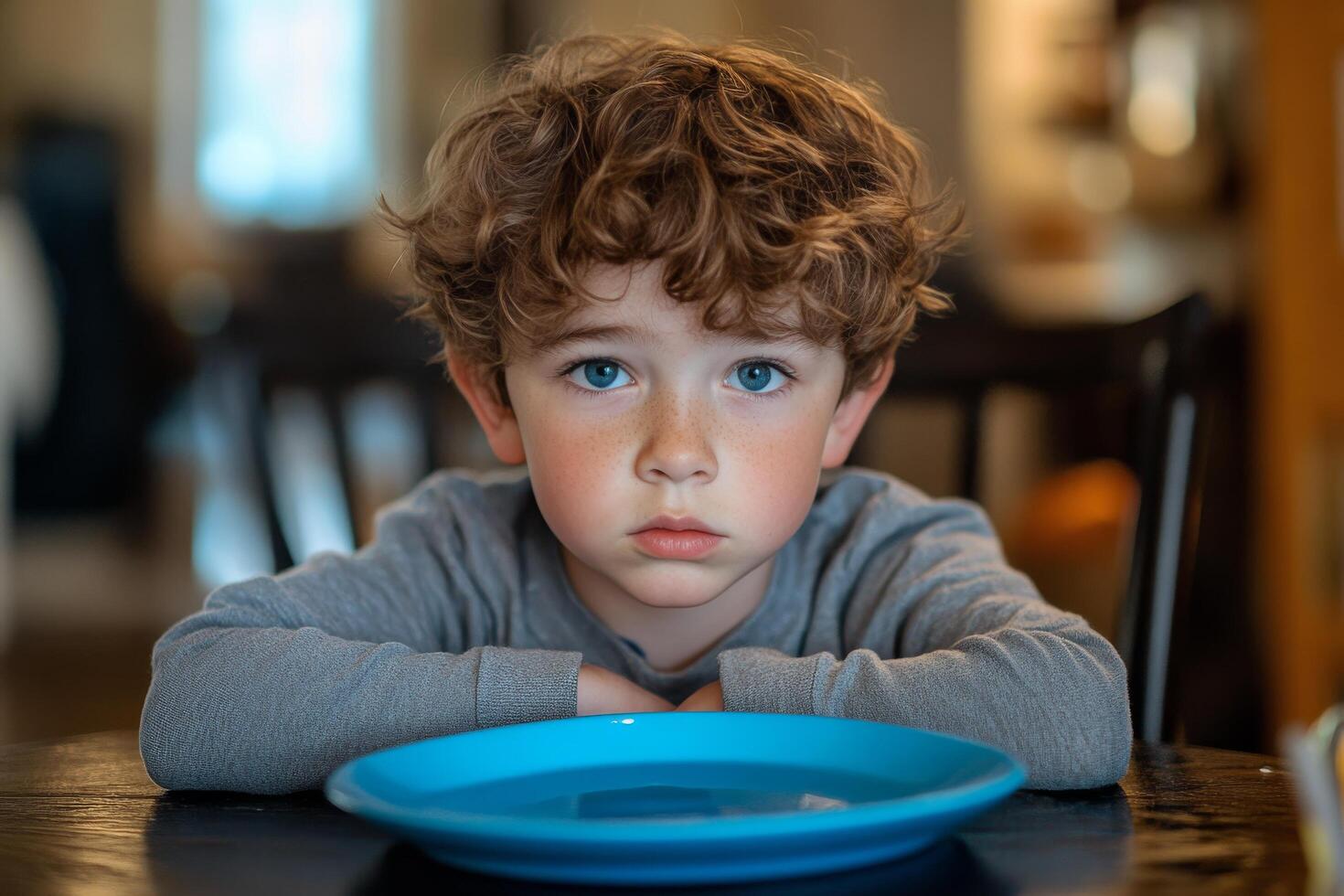 A young boy sitting at a table with a blue plate photo