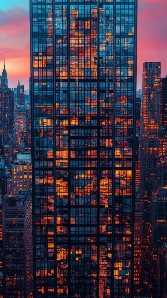 A tall building with windows reflecting the sunset photo