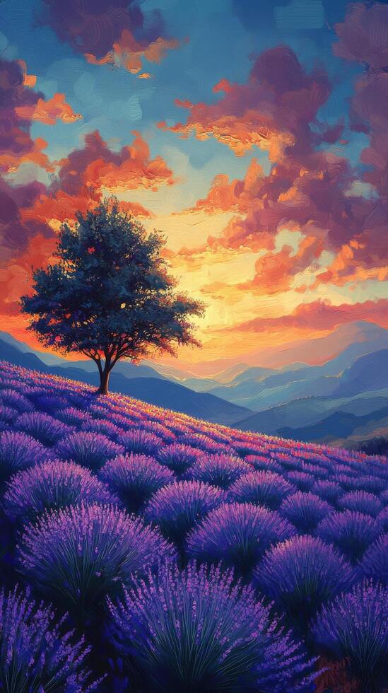 Lavender field with tree at sunset photo