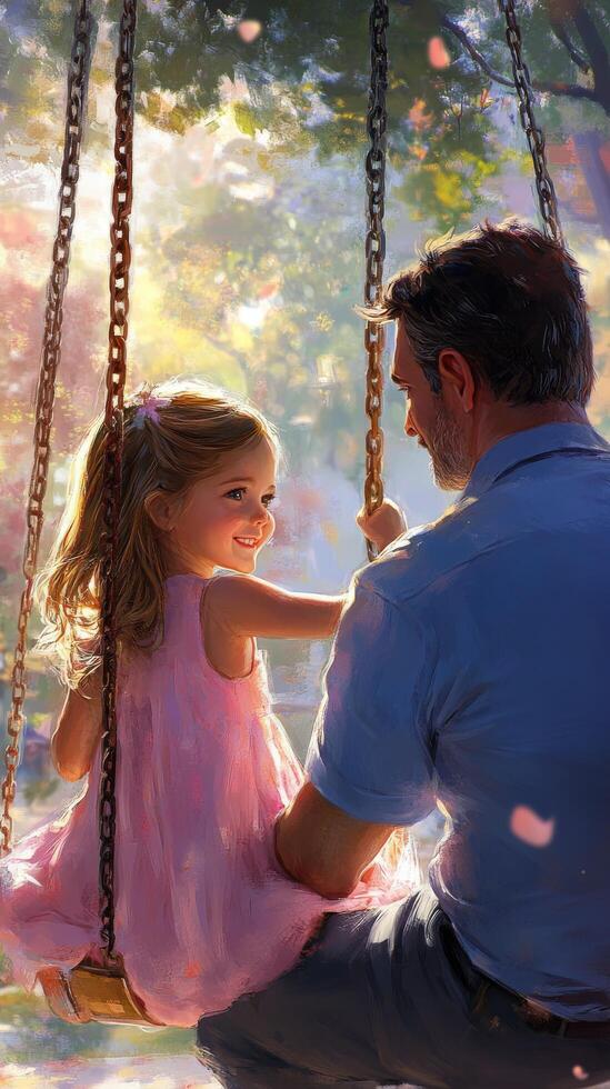 A painting of a father and daughter on a swing photo