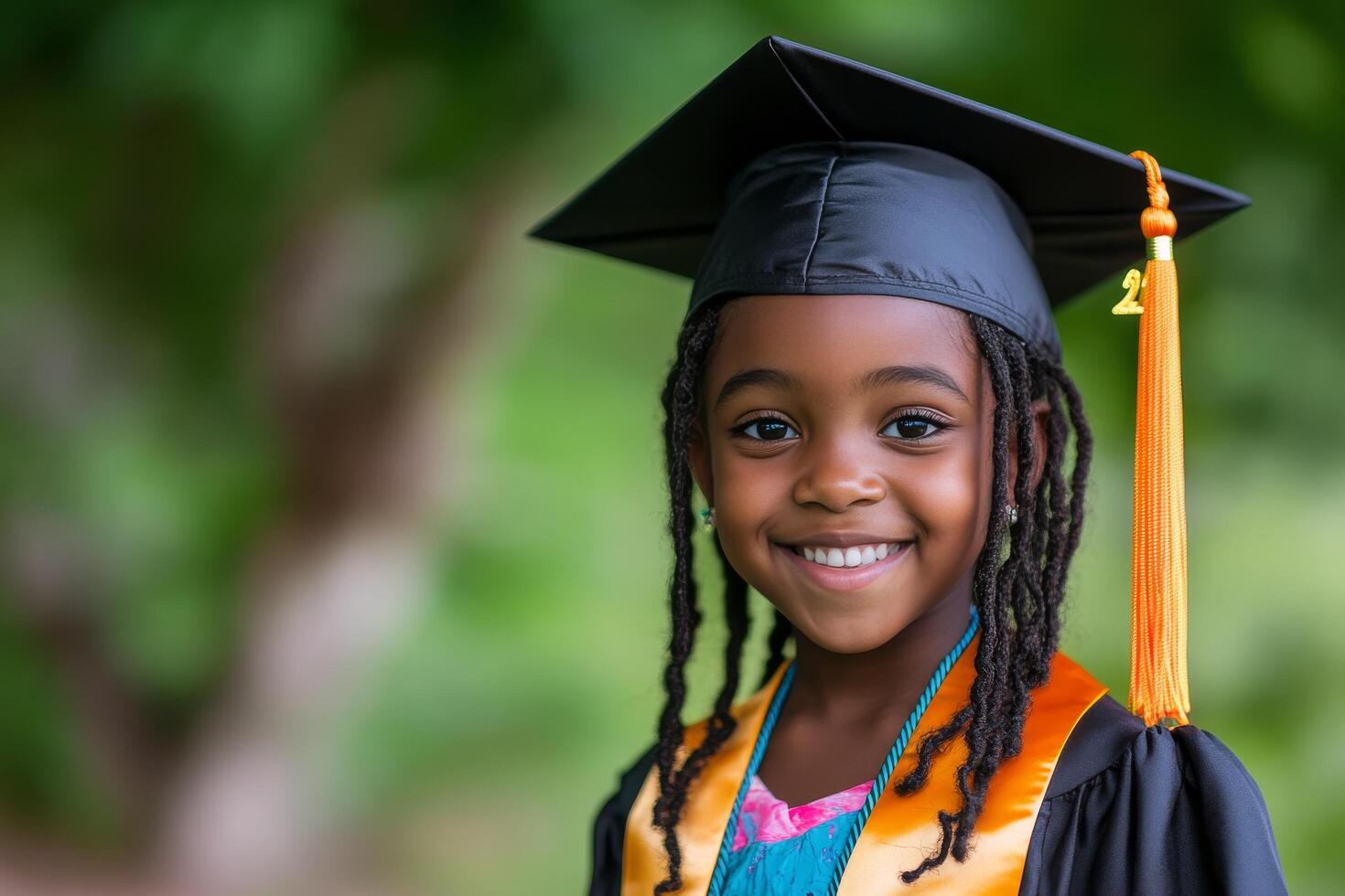 A young girl wearing a graduation gown and cap photo