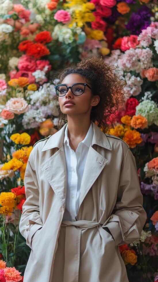 A woman wearing glasses and a trench coat standing in front of a flower wall photo