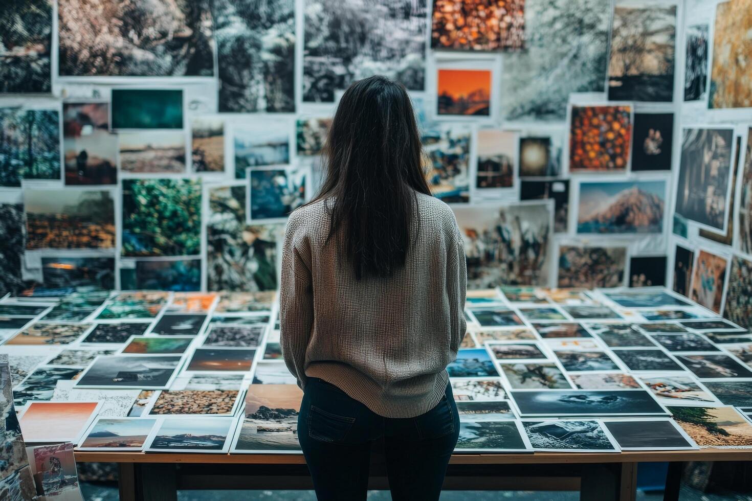 A woman looking at a table full of photos