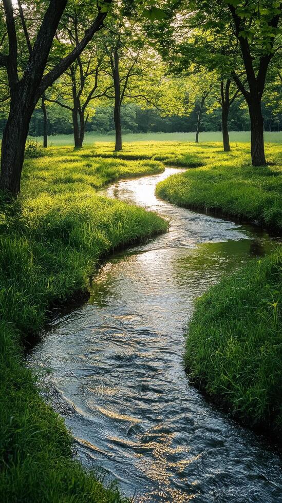 A stream runs through a grassy field photo