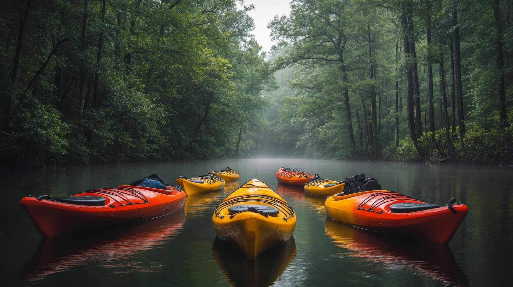 A group of kayaks are lined up in a river photo