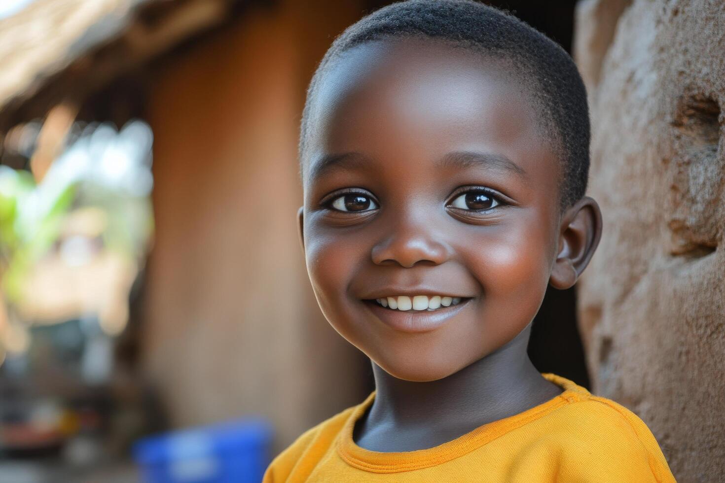 A young boy smiles while standing in front of a house photo