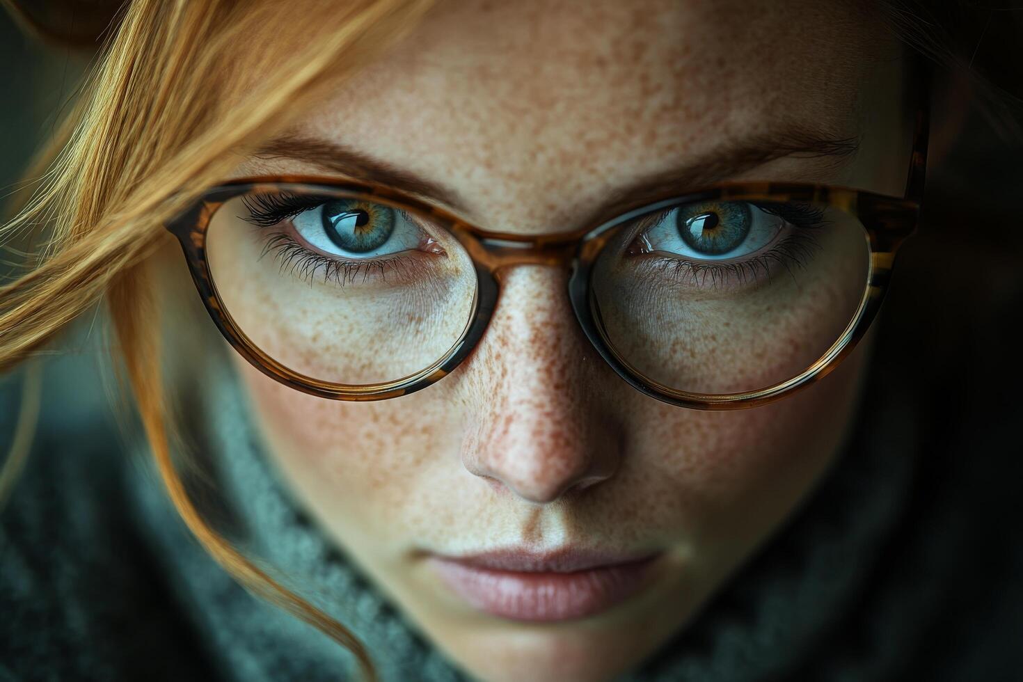 A woman with glasses and freckles looking at the camera photo