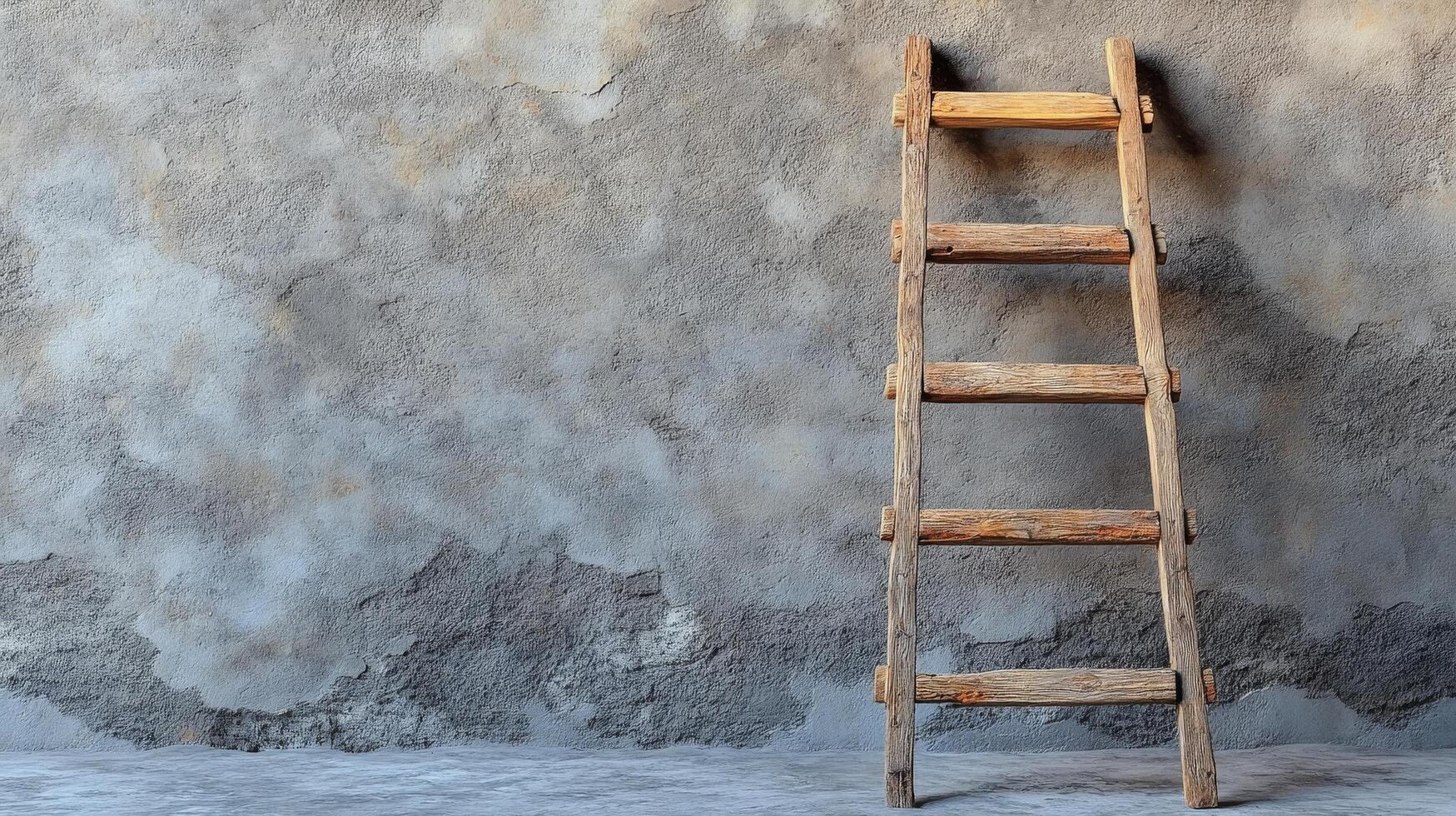 A ladder against a wall with a concrete floor photo