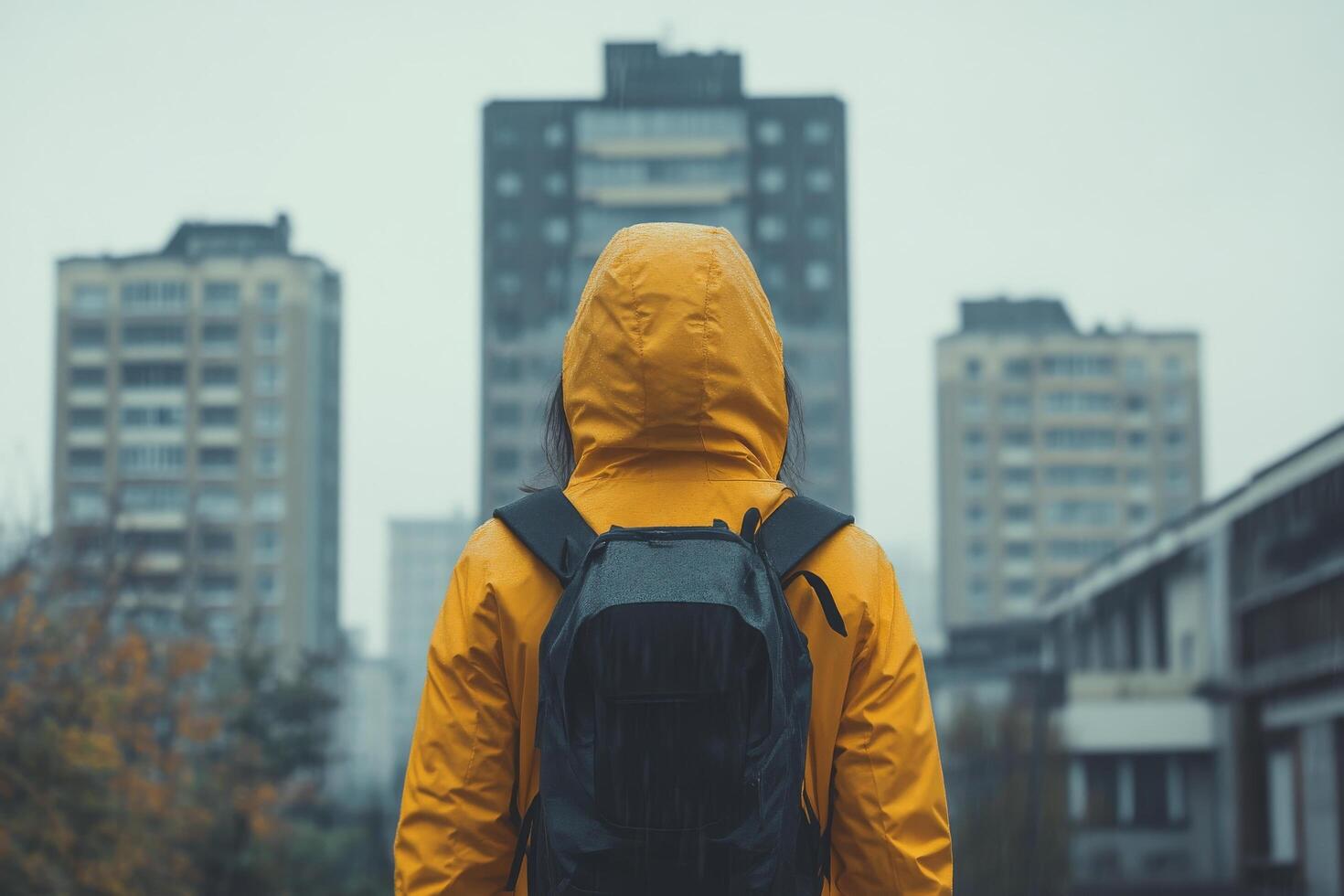 A person wearing a yellow rain jacket and a backpack photo