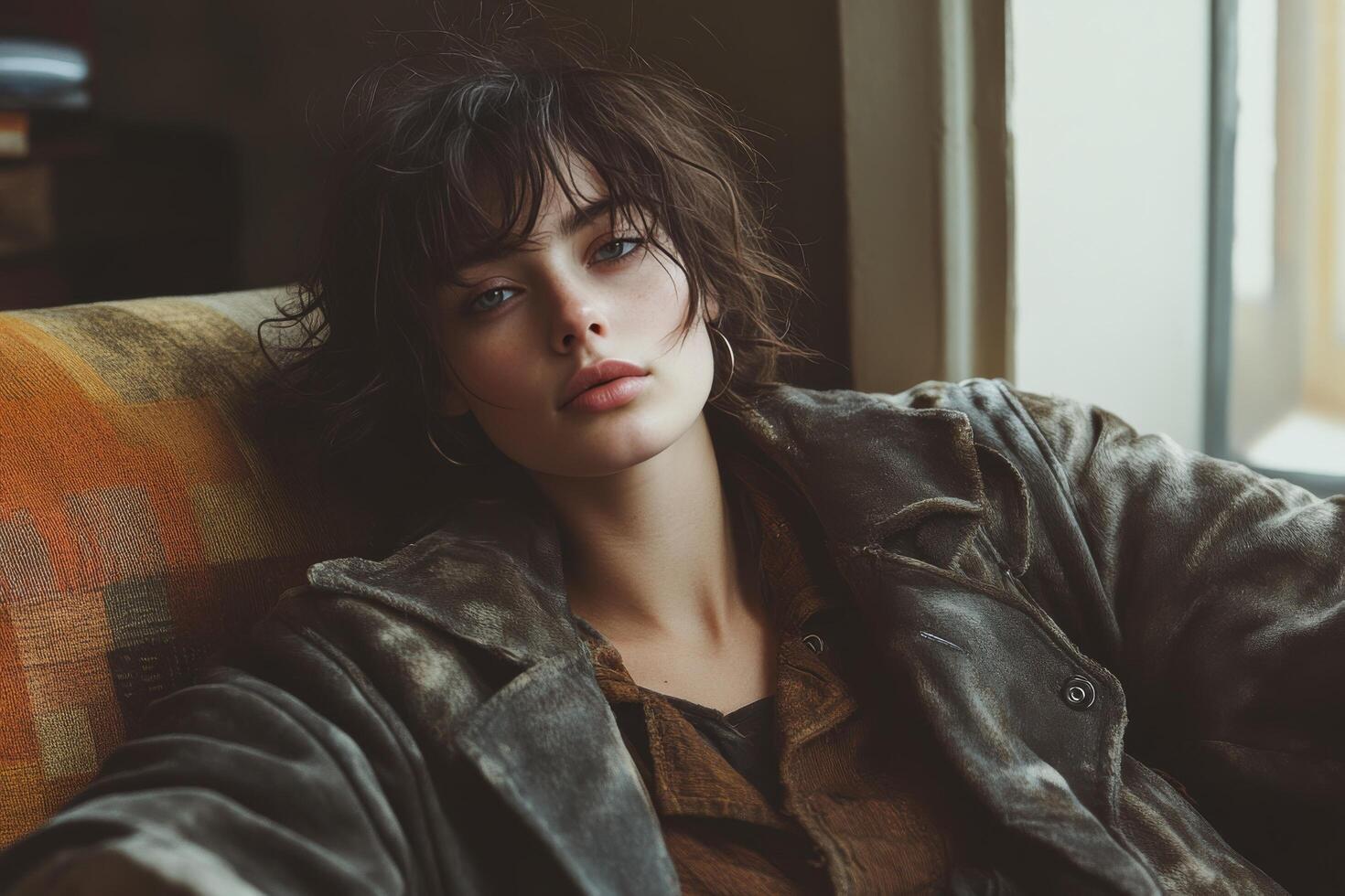 A woman in a jacket sitting on a couch photo