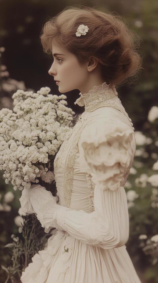 A woman in a white dress holding flowers photo