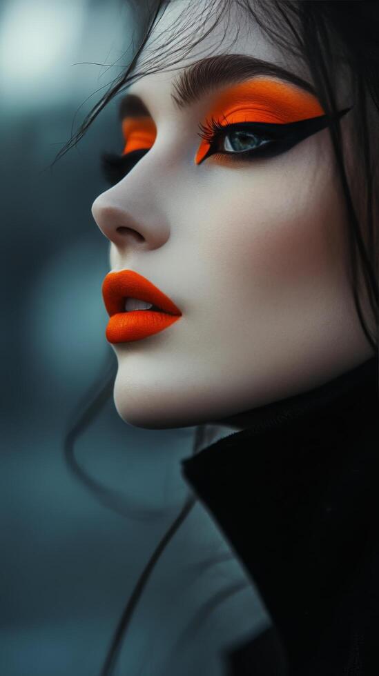 A woman with orange makeup and black eye makeup photo