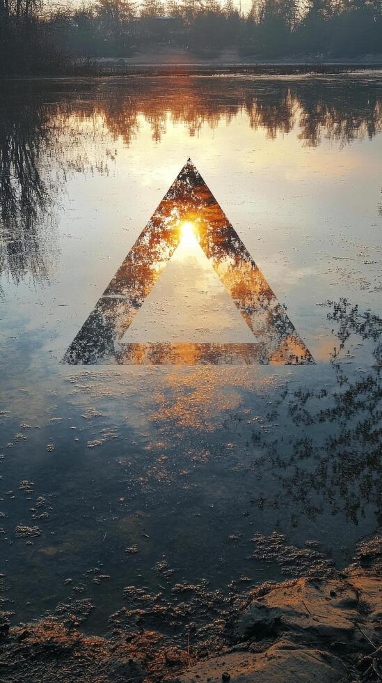 A triangle is reflected in the water at sunset photo