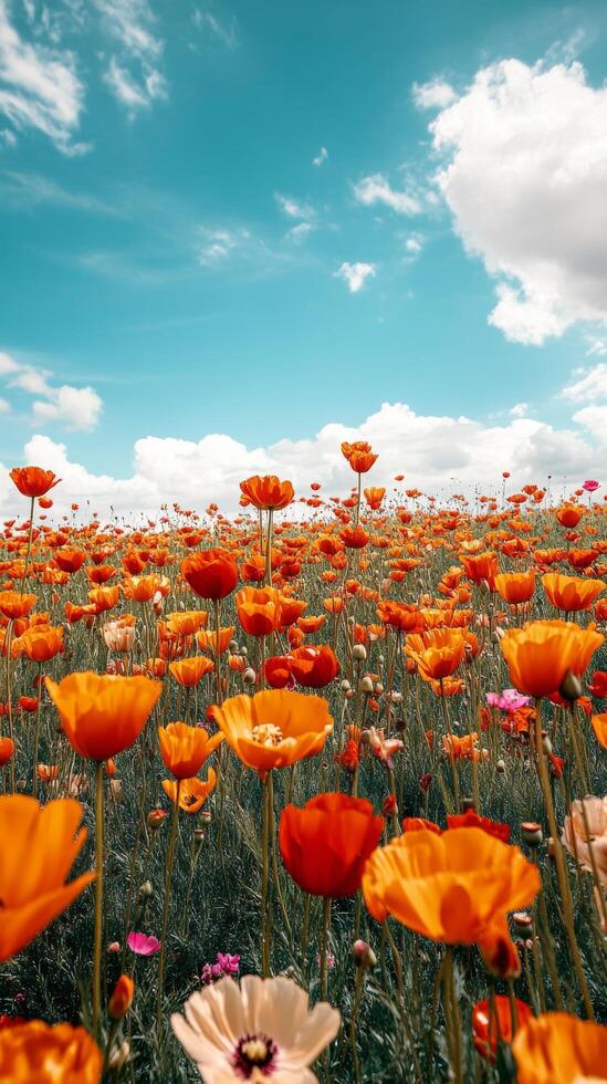 A field of orange flowers with a blue sky in the background photo