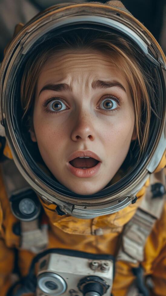 A woman in an astronaut suit looking surprised photo