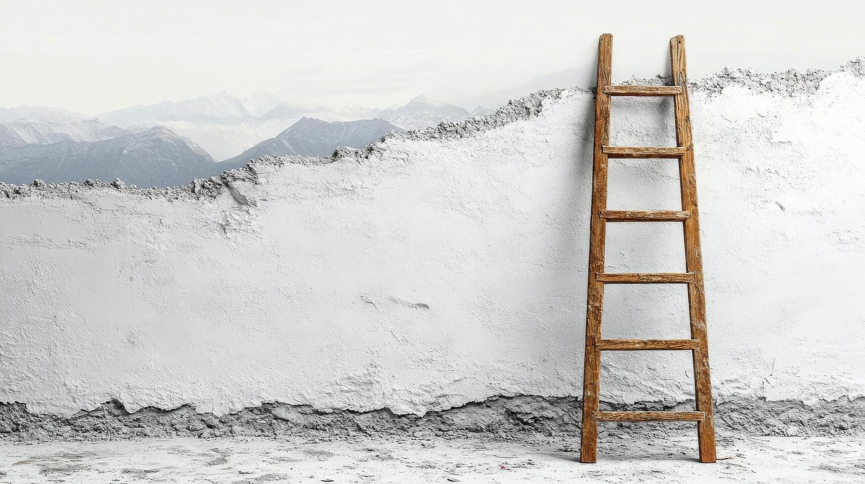 A ladder is leaning against a wall with mountains in the background photo