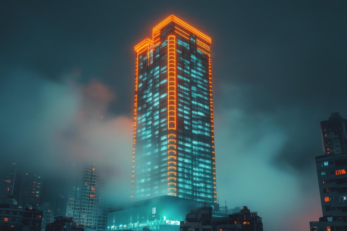 A tall building with neon lights on it at night photo