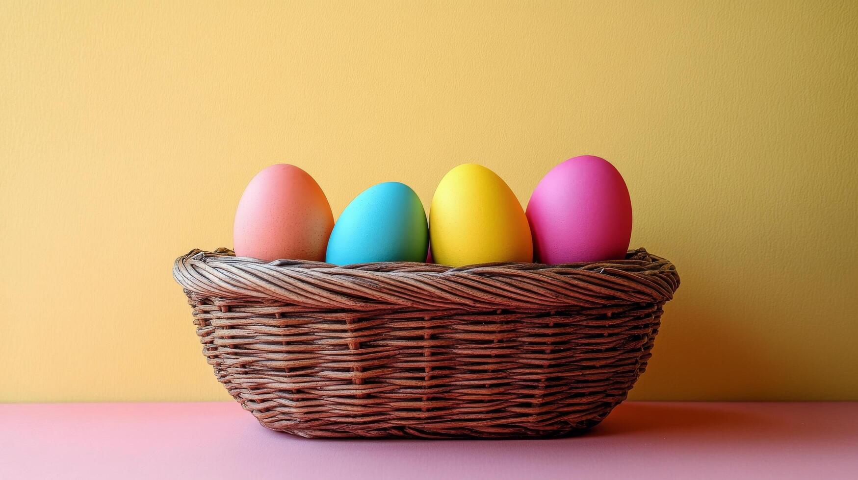 Colorful easter eggs in a basket on a yellow background photo