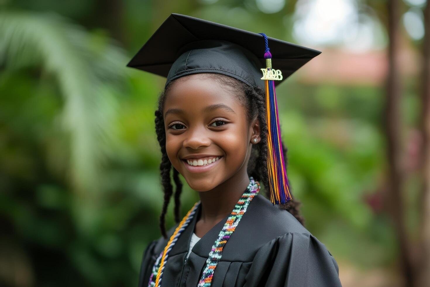A young girl wearing a graduation gown and a graduation cap photo