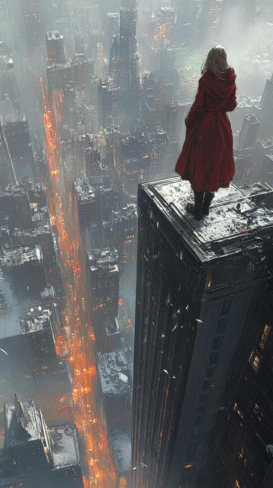 A woman in red coat standing on top of a building photo