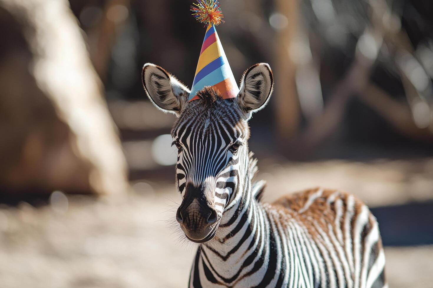 A zebra wearing a birthday hat photo