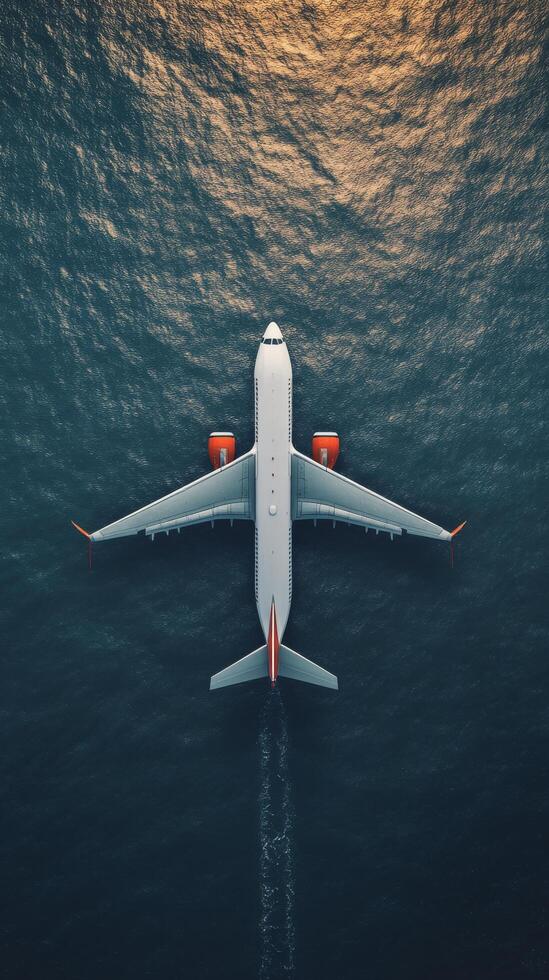 An airplane flying over the ocean at sunset photo