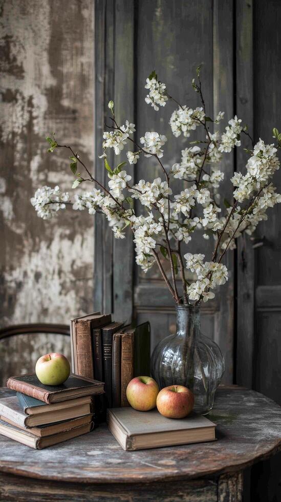 A vase with white flowers and apples on a table photo