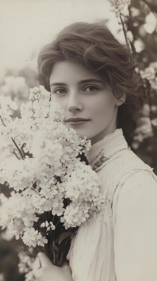 A woman holding a bunch of flowers photo