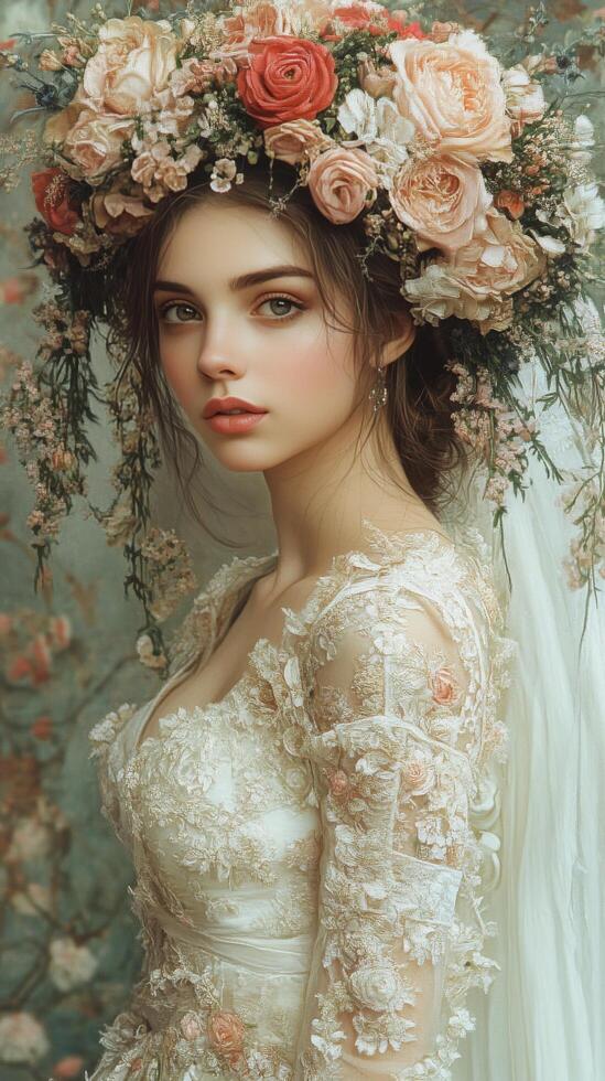 A woman in a wedding dress with flowers in her hair photo