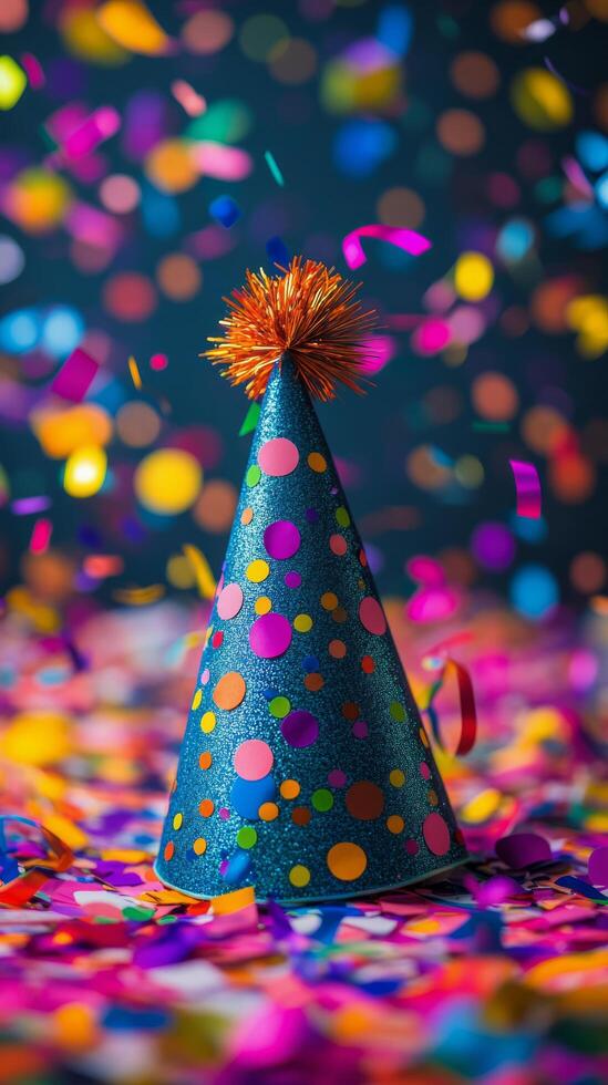 Party hat with confetti and colorful confetti photo