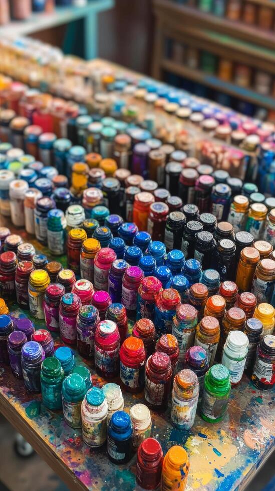 A table full of paint bottles and paint brushes photo