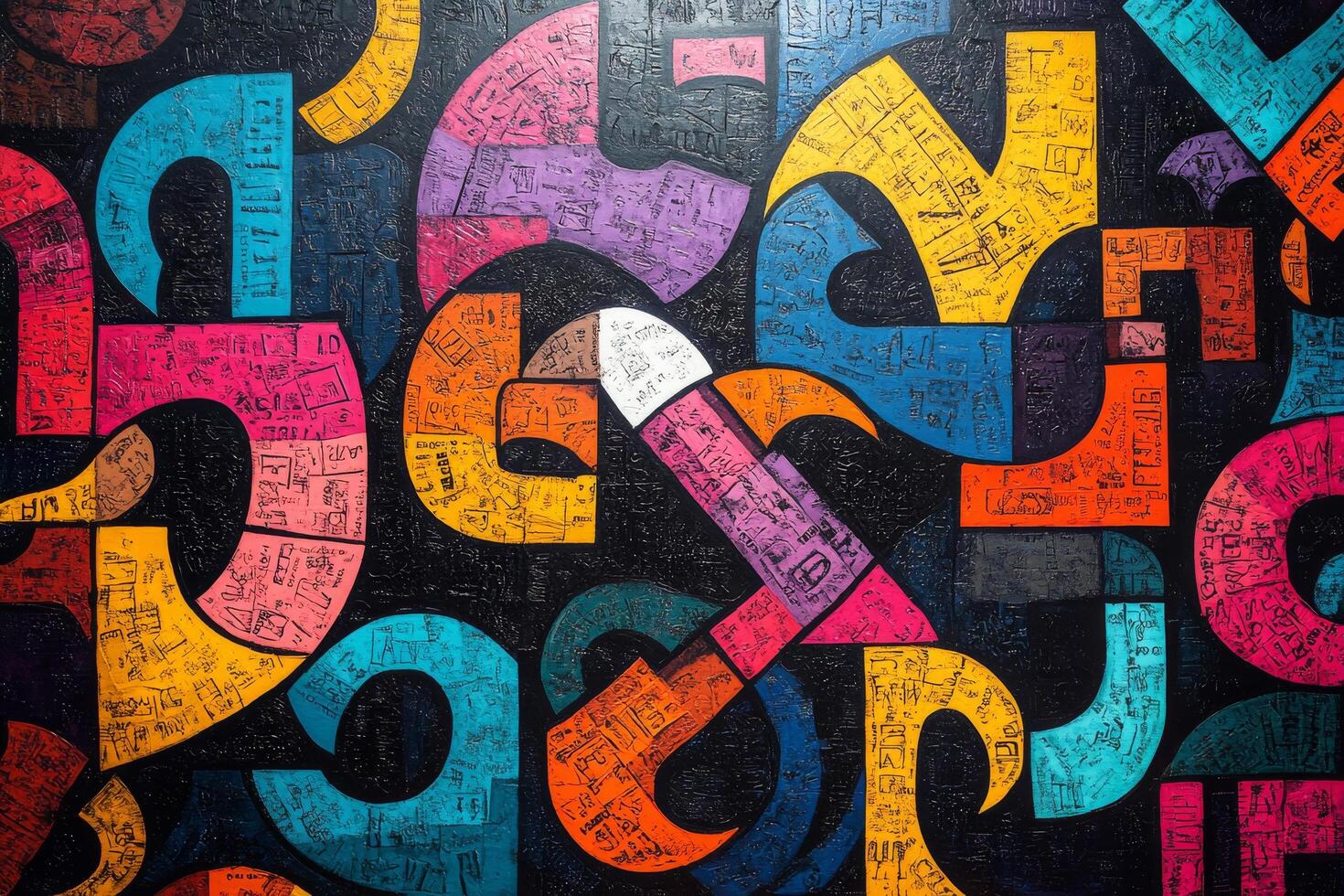 A colorful abstract painting of numbers and letters photo