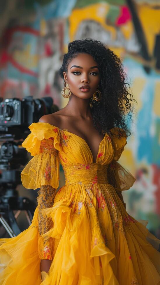 A beautiful woman in a yellow dress standing in front of a camera photo